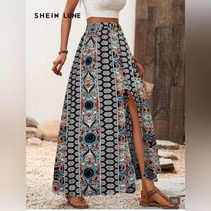 Boho Maxi Skirt in Black Floral Print with Side Slit